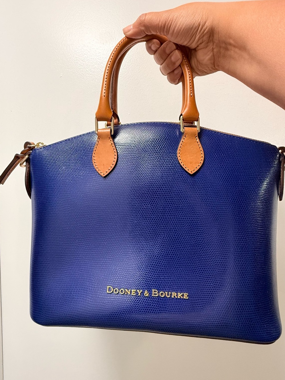 Dooney & Bourke Royal Blue Leather Satchel with Tan Handles